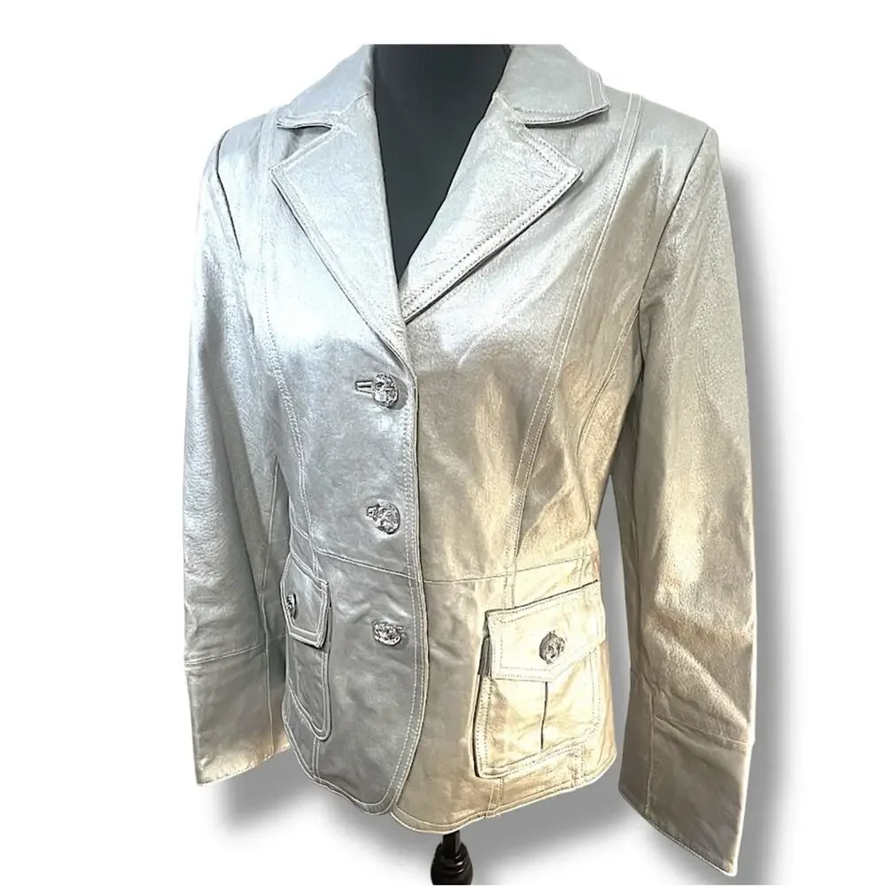 BRADLEY Elegant Silver Metallic Leather Oversize Rhinestone Buttons Jacket M